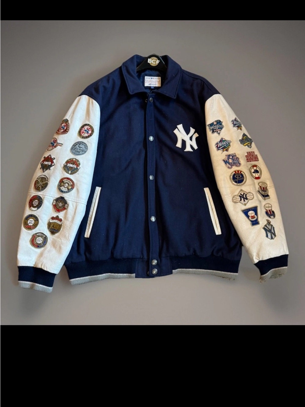 NY Yankees Vintage Bomber Jacket Blue/White, XXL Custom OOAK